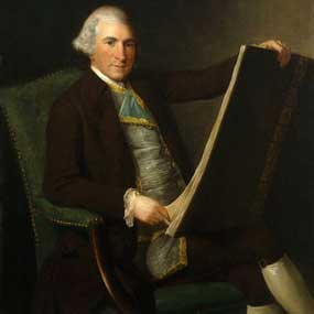 一幅罗伯特·亚当的肖像，他坐在一张绿色的椅子上，手里拿着一本大书。