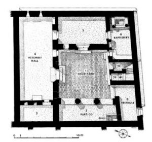 Floor plan of a church, including 8 rooms.