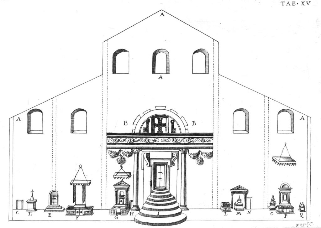 A blueprint-type drawing of St. Peter's Basilica in Rome.