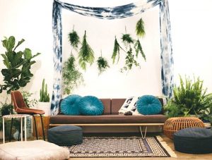 波西米亚风格的沙发内景照片，蓝色的圆形枕头，两边都有植物，家具上面有一块布。