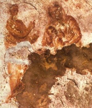 在罗马普丽西拉地下墓穴中发现的圣母玛利亚哺育耶稣的壁画遗骸照片。