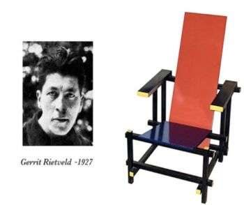 Gerrit Rietveld & His Chair: a photo of Rietveld on the left and his signature, red and yellow chair on the right.
